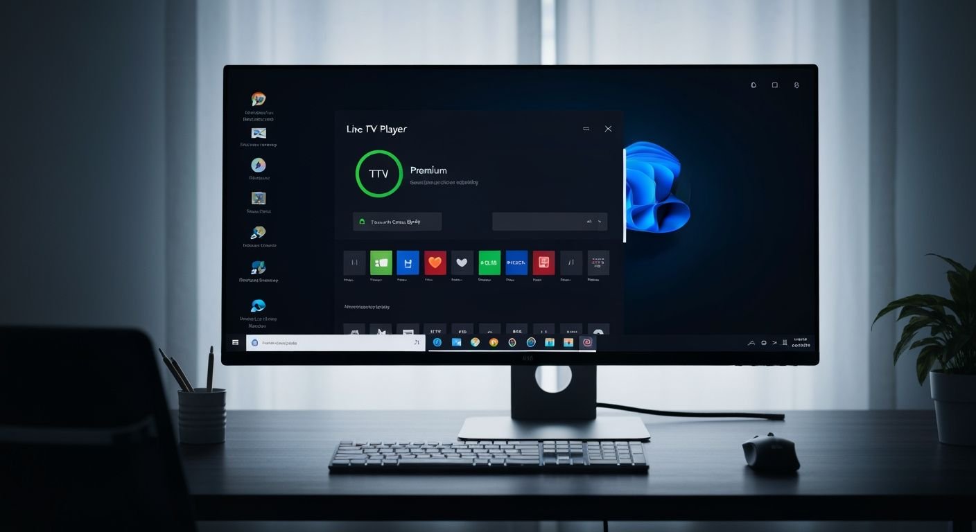 Application IPTV moderne sur écran Windows 11 avec interface de lecteur et grille de chaînes TV en direct.