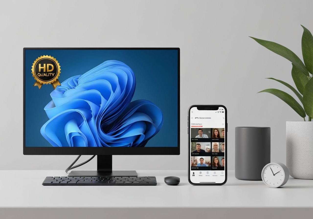 Compatibilité IPTV Windows 11 : même application sur PC et appareil mobile affichant les mêmes chaînes en direct.