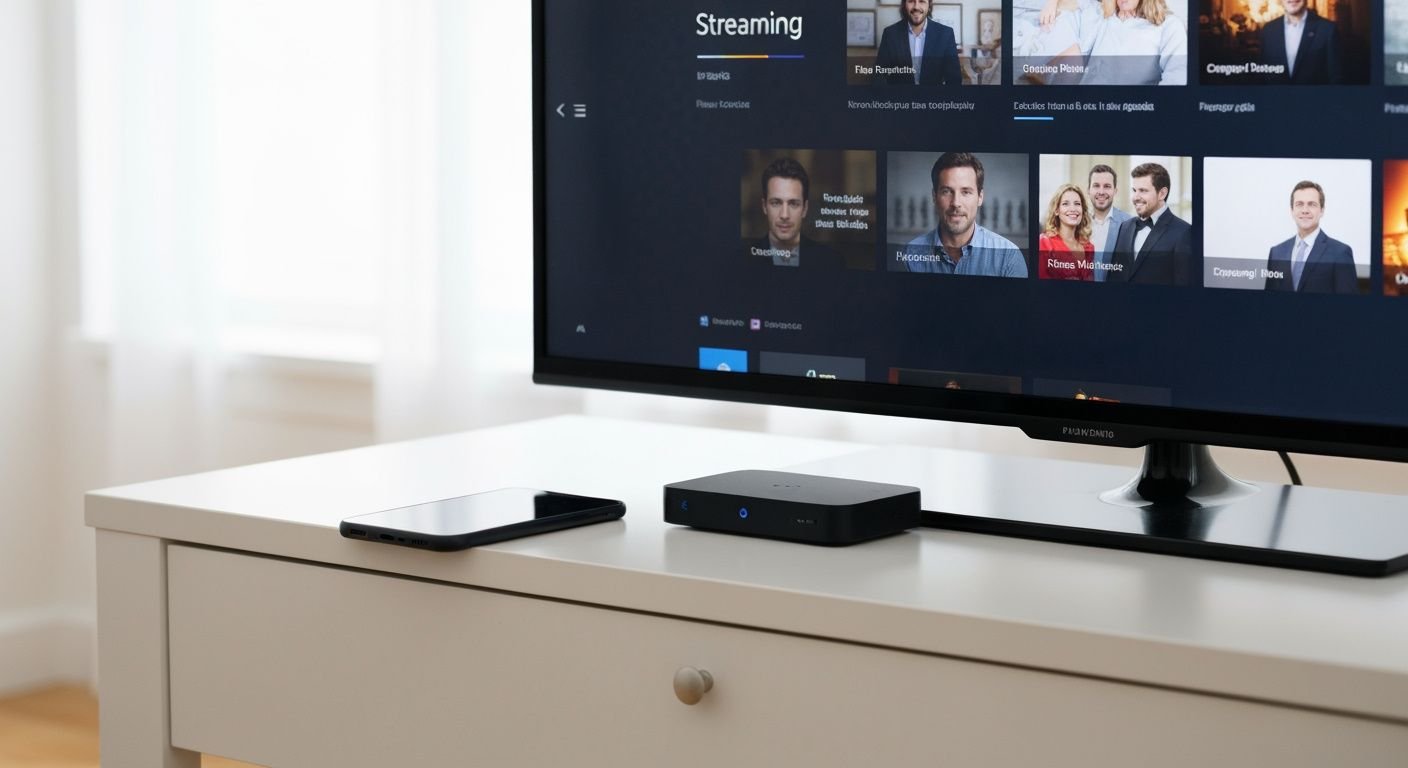 Installation d'une application IPTV sur téléphone et téléviseur connecté dans un salon moderne