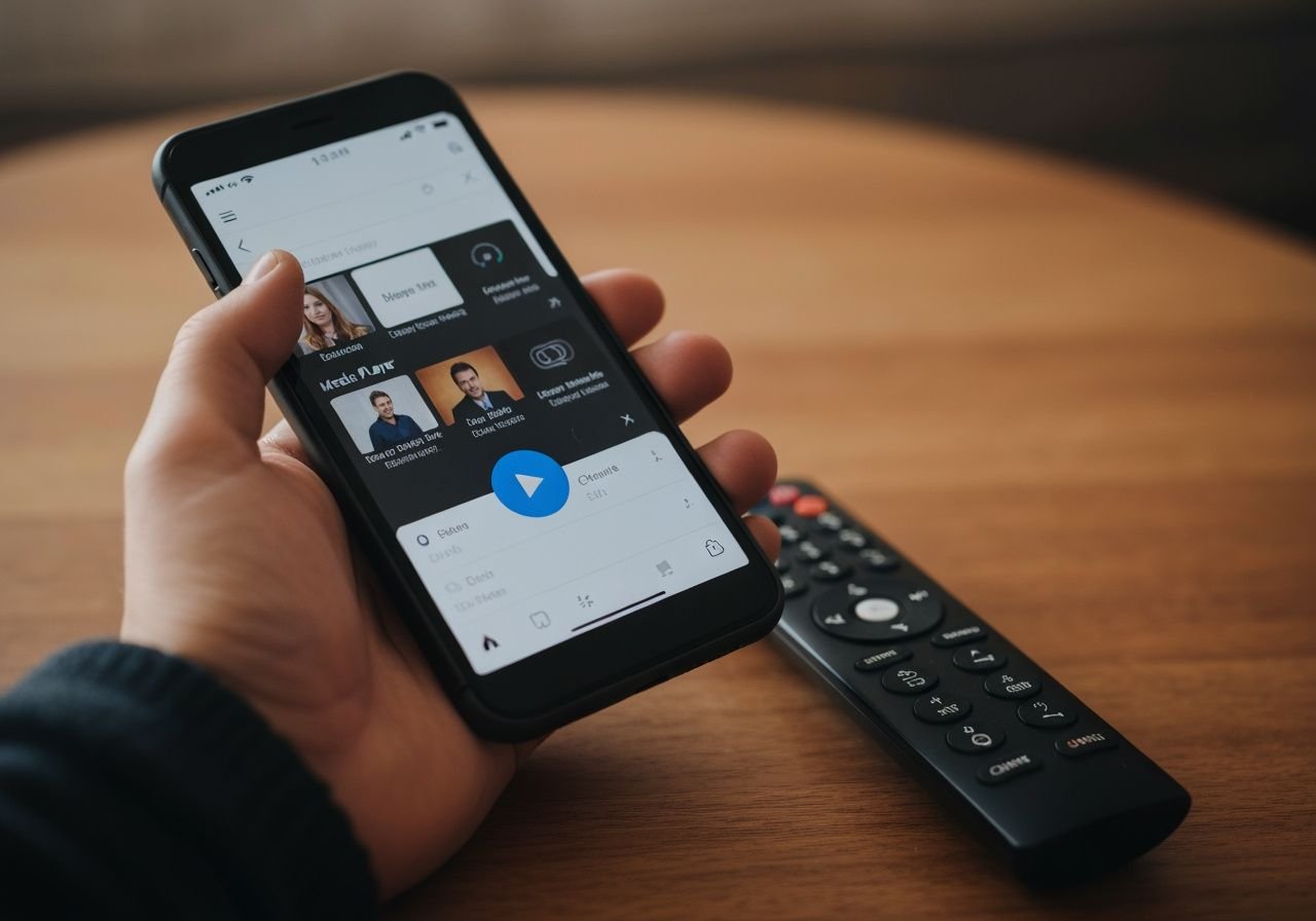 Détail d'un smartphone affichant une interface de lecteur multimédia à côté d'une télécommande