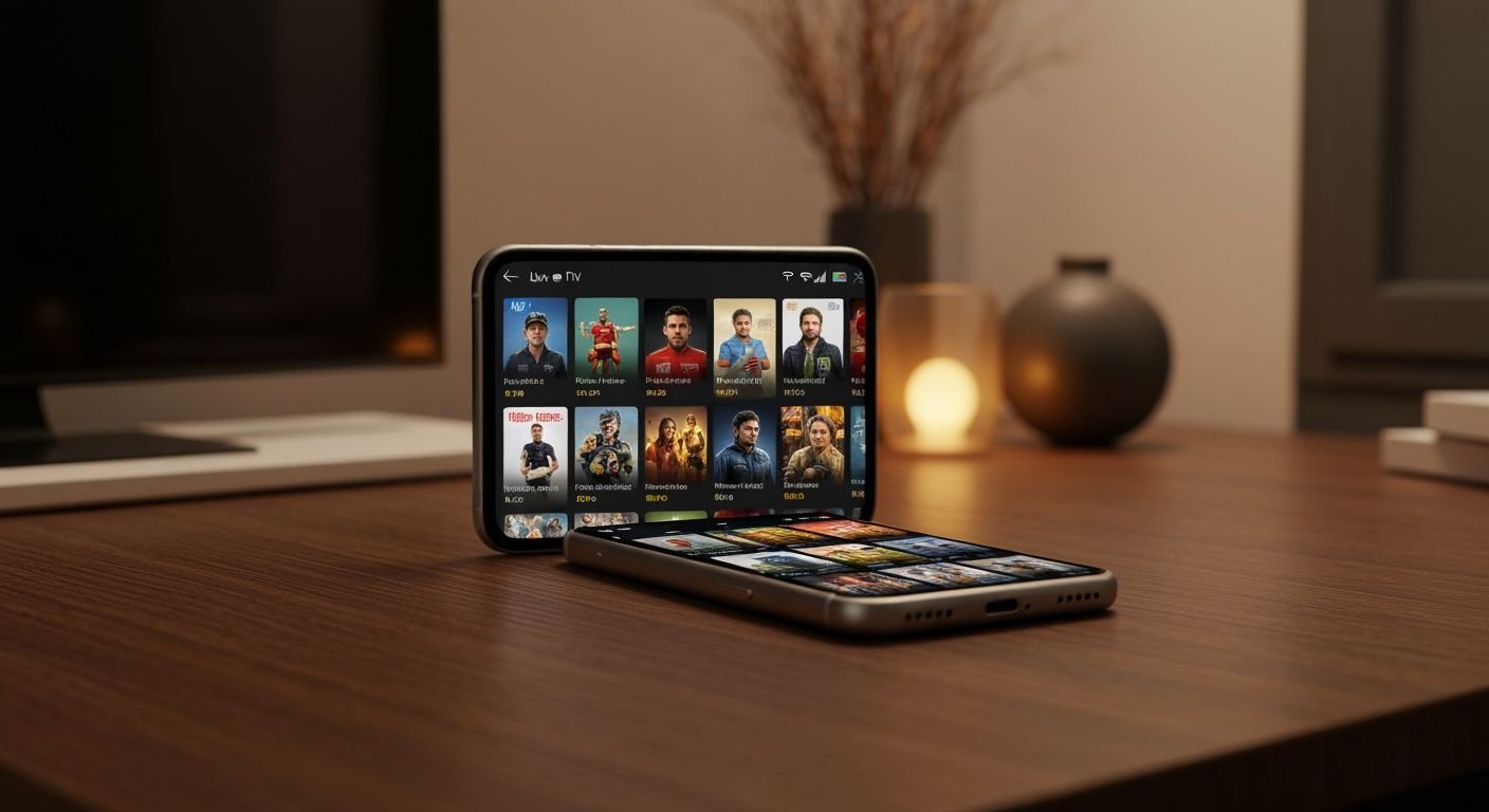 Application IPTV Pro affichée sur écran Android avec interface de lecteur TV moderne