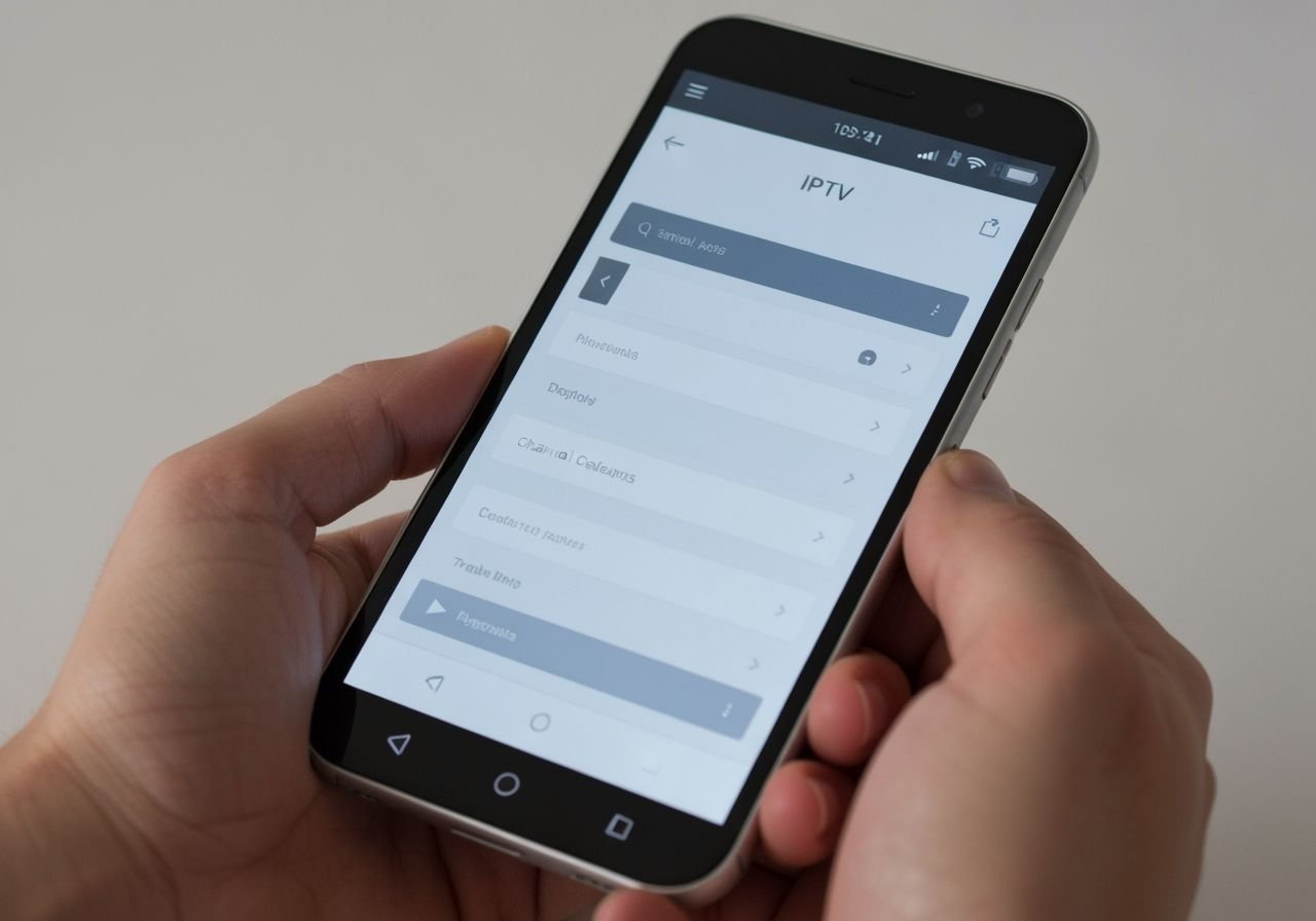 Smartphone Android montrant l'interface de l'application IPTV avec menu de navigation et contrôles de lecture