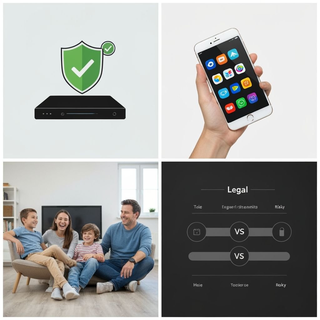Quatre panneaux montrant sécurité, applications légales, famille heureuse et comparaison légalité