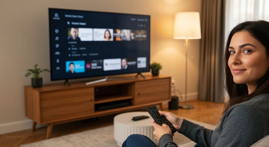 Téléspectateur confiant regardant une interface de streaming légale sur sa télévision moderne