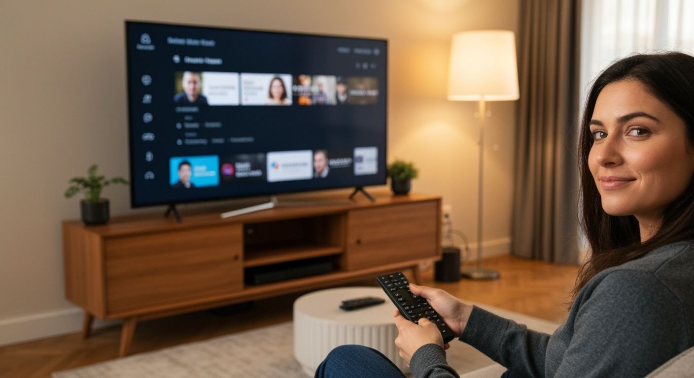Téléspectateur confiant regardant une interface de streaming légale sur sa télévision moderne