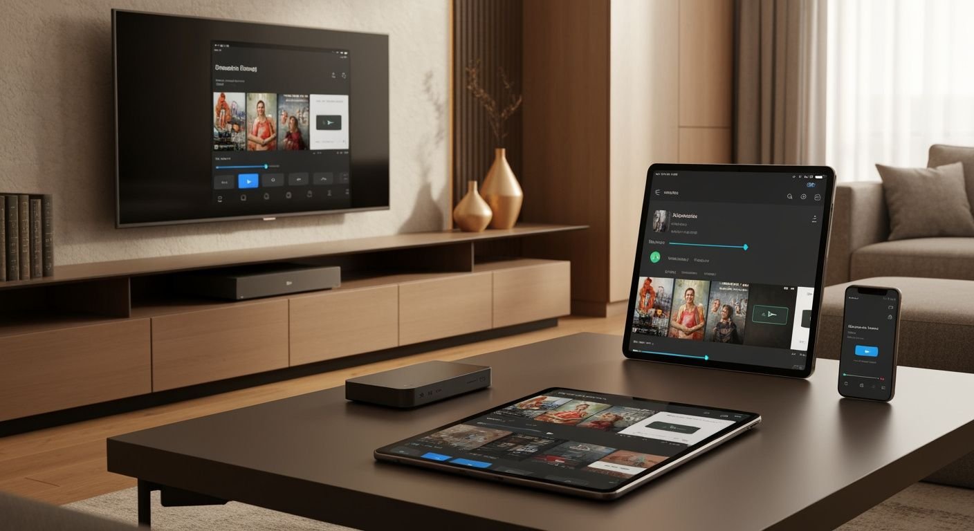 Plusieurs appareils affichant des lecteurs vidéo IPTV compatibles dans un salon moderne