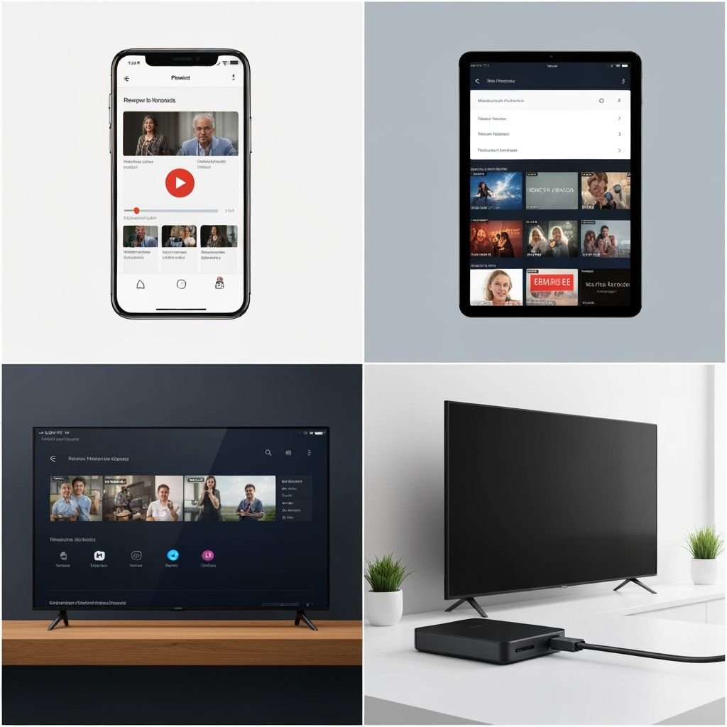 Quatre appareils affichant des applications de lecteur multimédia : smartphone, tablette, Smart TV et boîtier de streaming
