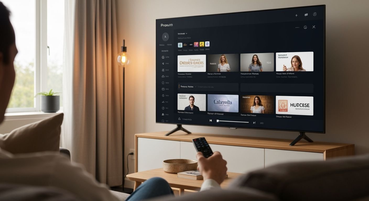 Personne regardant une interface de streaming générique sur un téléviseur moderne avec une télécommande à la main