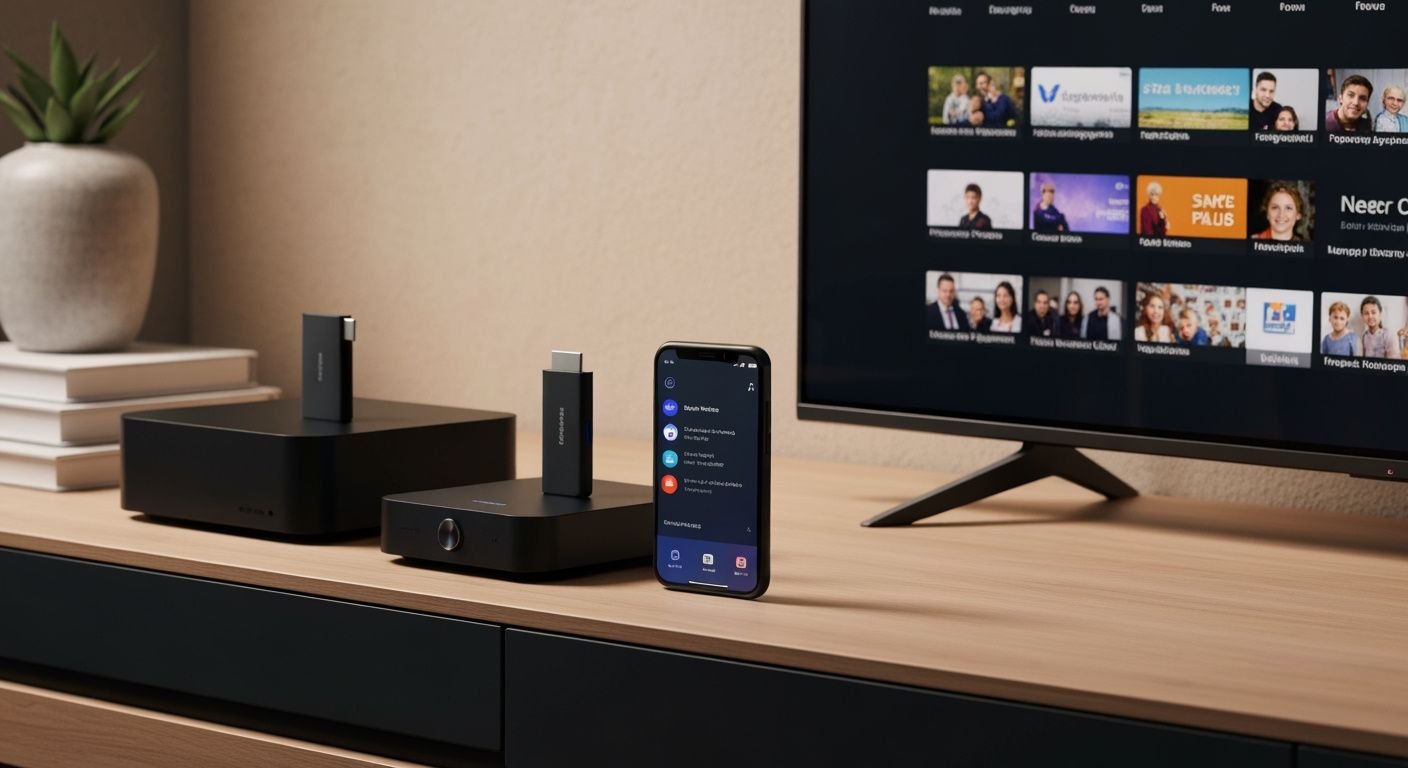 Plusieurs appareils de streaming IPTV sur meuble TV moderne avec interface générique affichée