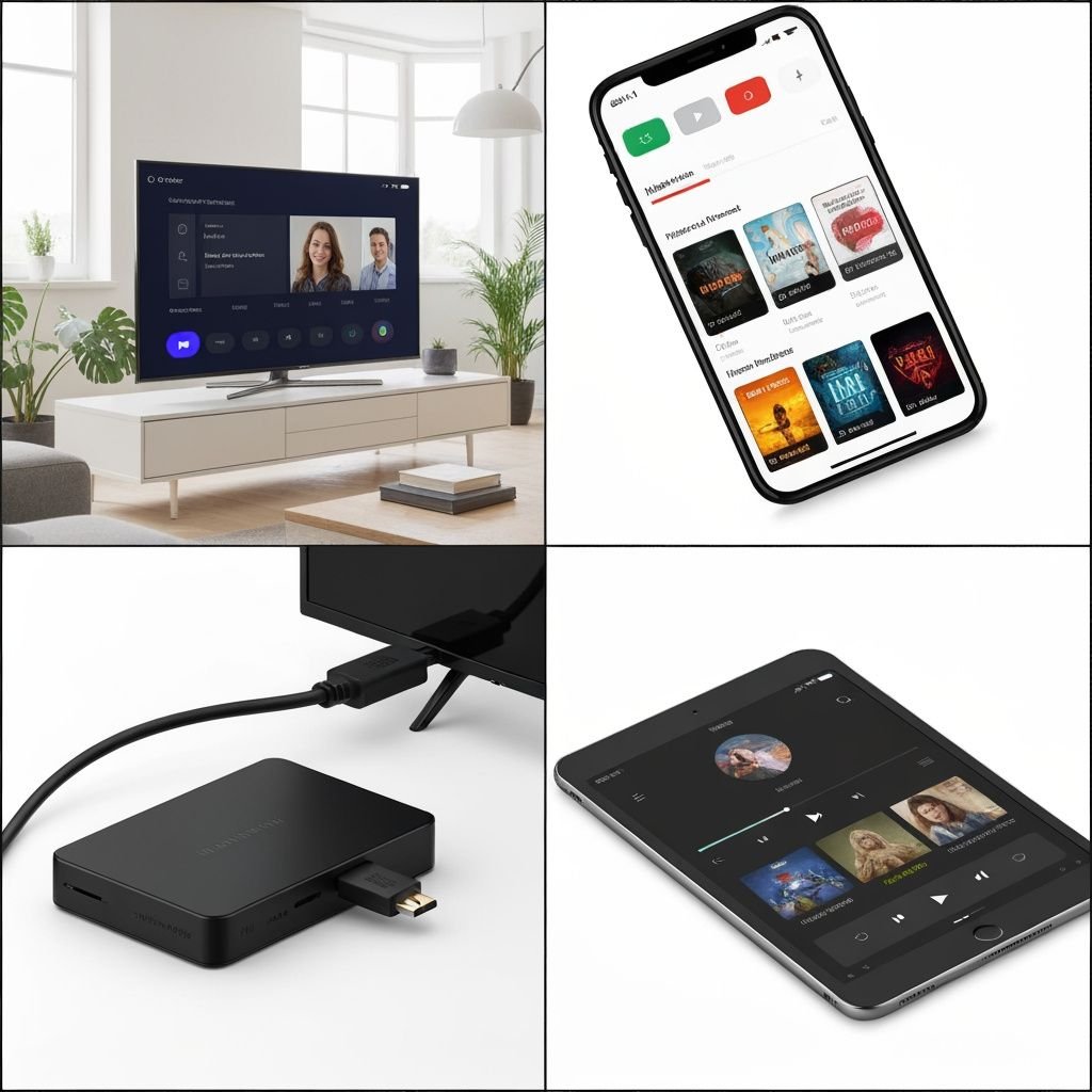 Quatre appareils de streaming : Smart TV, smartphone, box IPTV et tablette avec interfaces de lecteur vidéo.