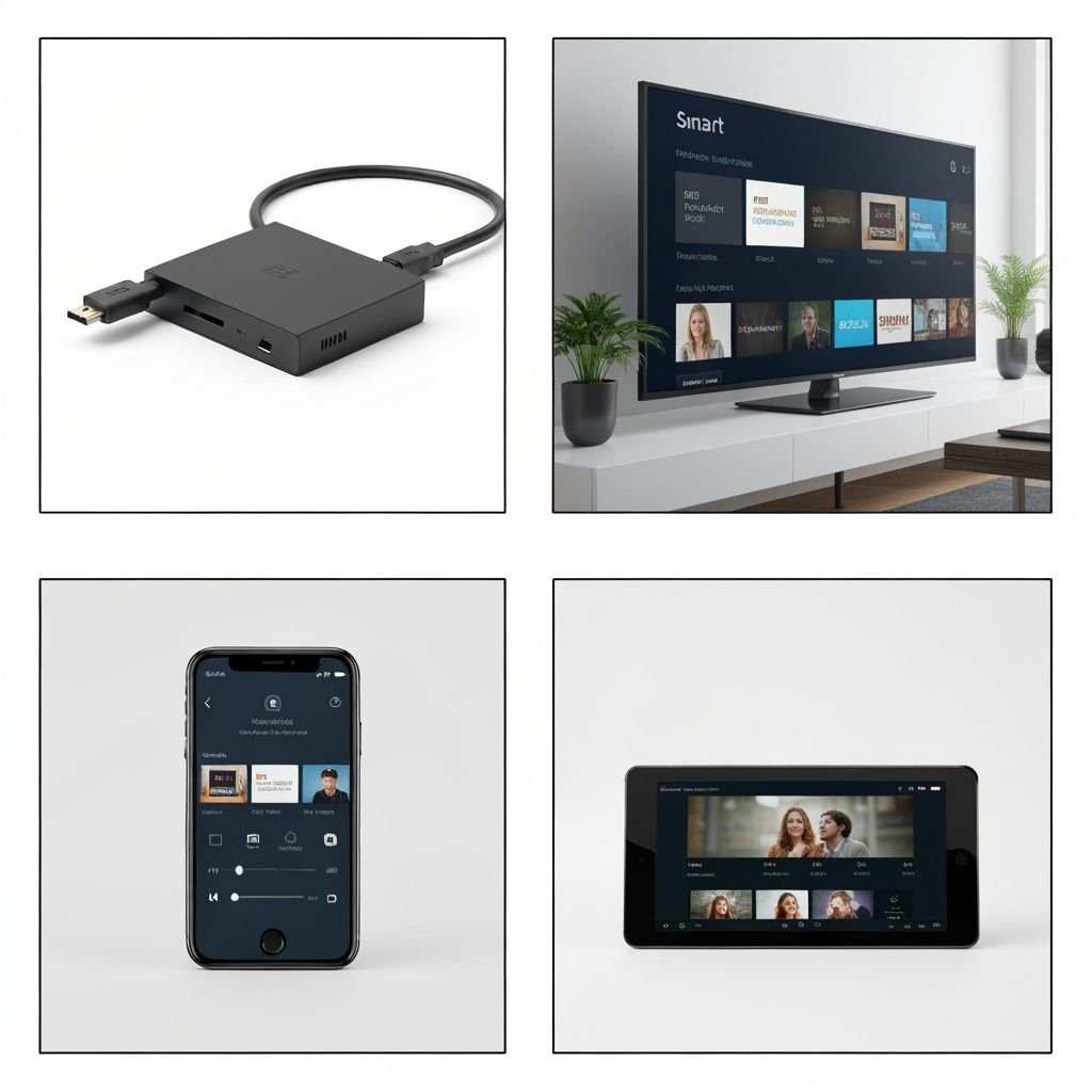 Comparatif de quatre appareils de streaming : clé HDMI, Smart TV, smartphone et tablette avec applications de lecture...
