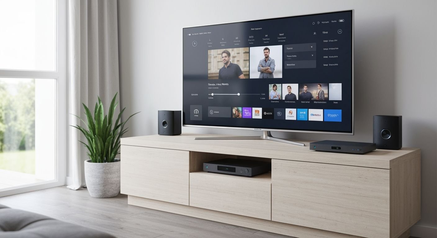 Ensemble de lecteurs IPTV et appareils de streaming connectés à un téléviseur moderne affichant une interface de lecture...