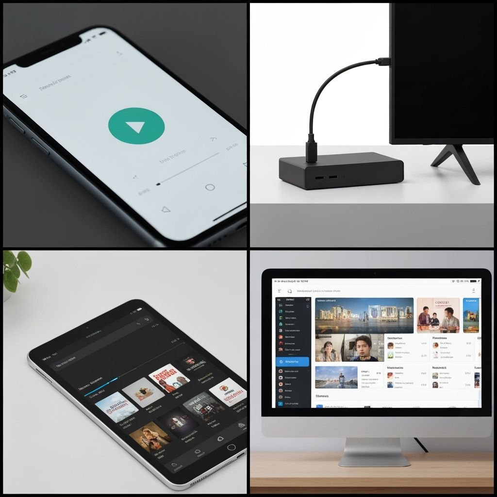Quatre appareils affichant des lecteurs vidéo : smartphone, box IPTV, tablette et ordinateur de bureau.