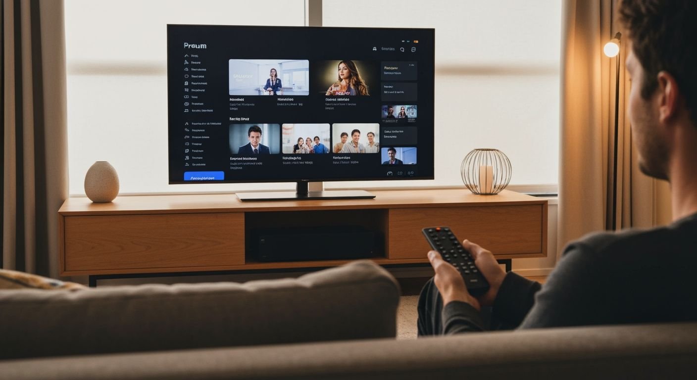 Personne regardant une interface de streaming sur un téléviseur moderne avec une télécommande à la main.