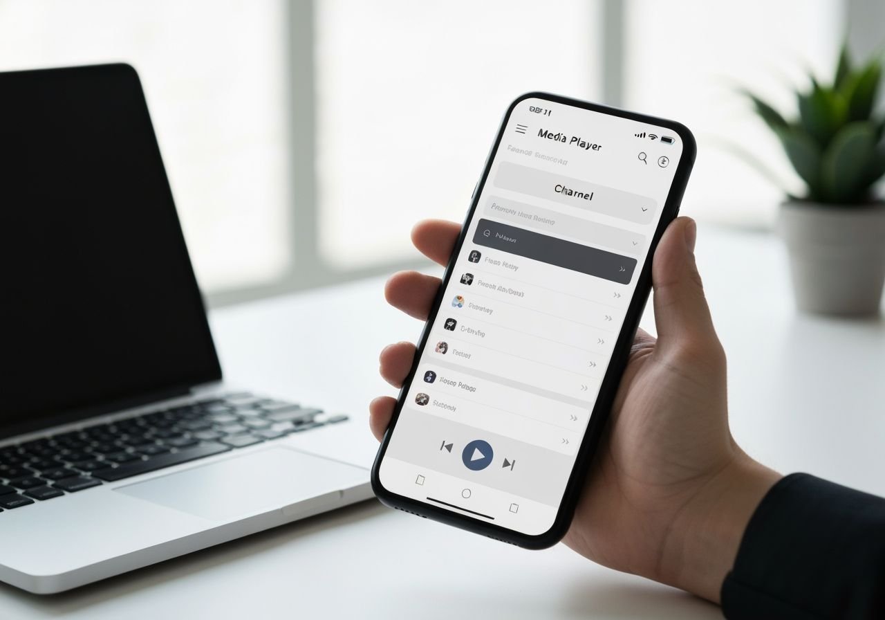 Application lecteur IPTV sur smartphone avec liste de chaînes et contrôles de lecture