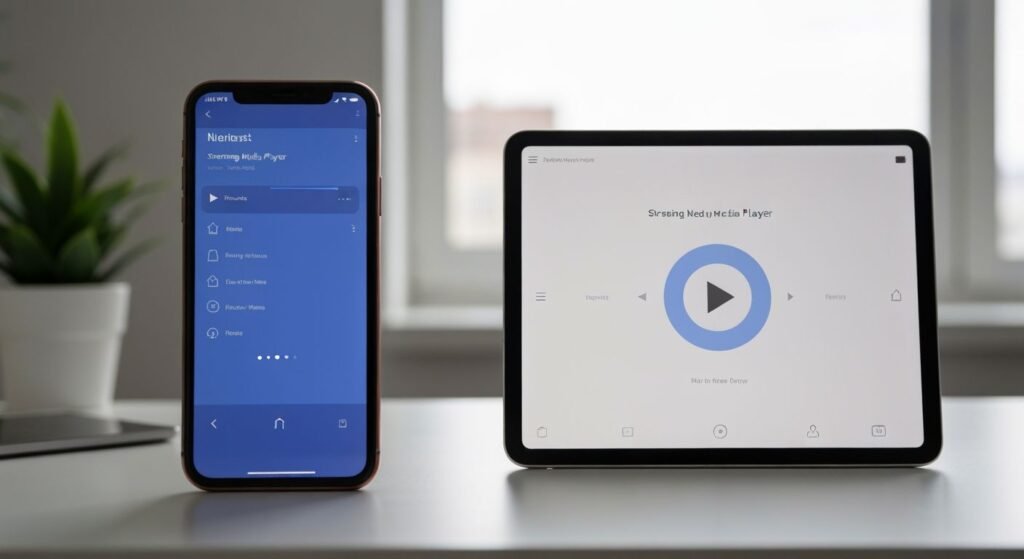 Smartphone et tablette affichant une interface de lecteur multimédia moderne pour le streaming vidéo