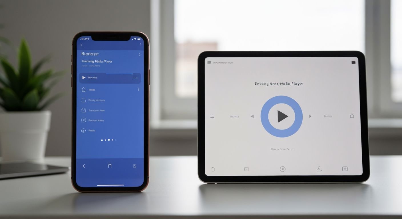 Smartphone et tablette affichant une interface de lecteur multimédia moderne pour le streaming vidéo