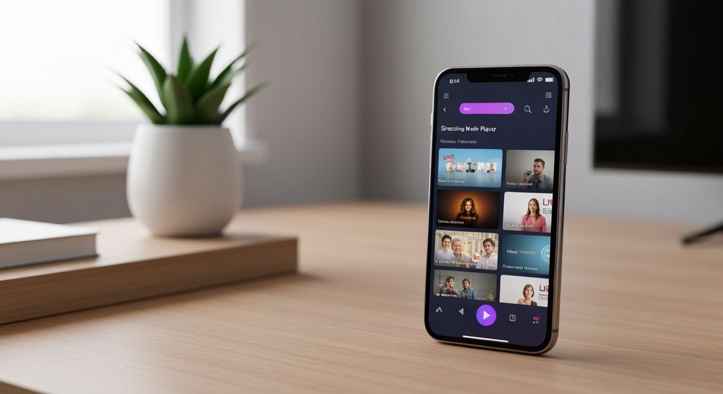 Application lecteur IPTV sur smartphone avec interface de streaming et contrôles de lecture visibles.