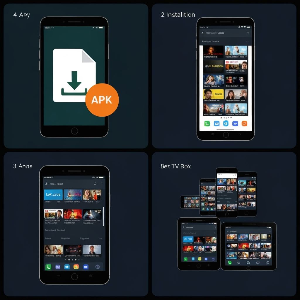Quatre étapes d'installation d'une application IPTV sur Android : téléchargement, installation, interface et...