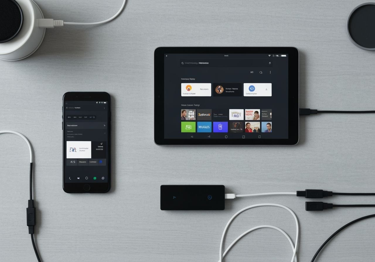 Trois appareils Android différents affichant une application lecteur IPTV compatible sur smartphone, tablette et boîtier...