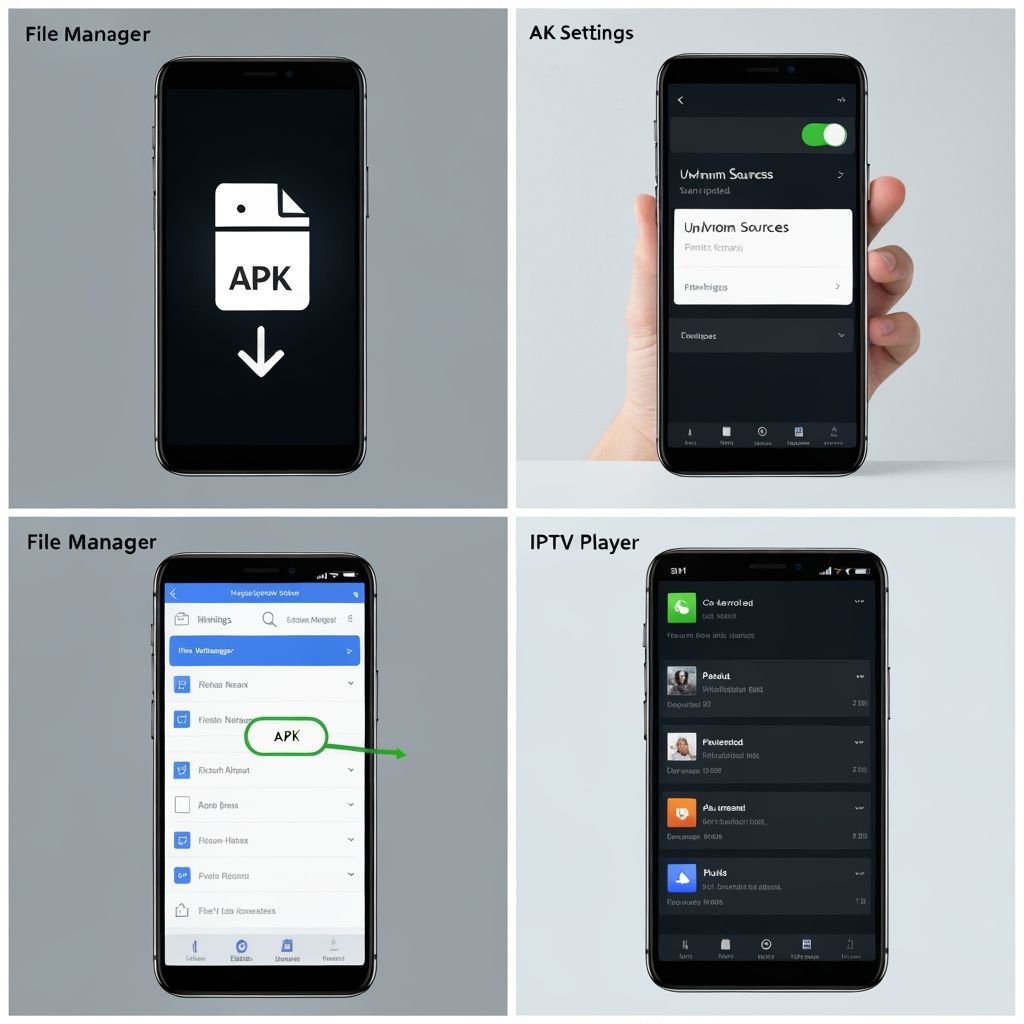 Quatre étapes d'installation d'une application IPTV APK sur Android : téléchargement, paramètres, fichier et lecteur actif