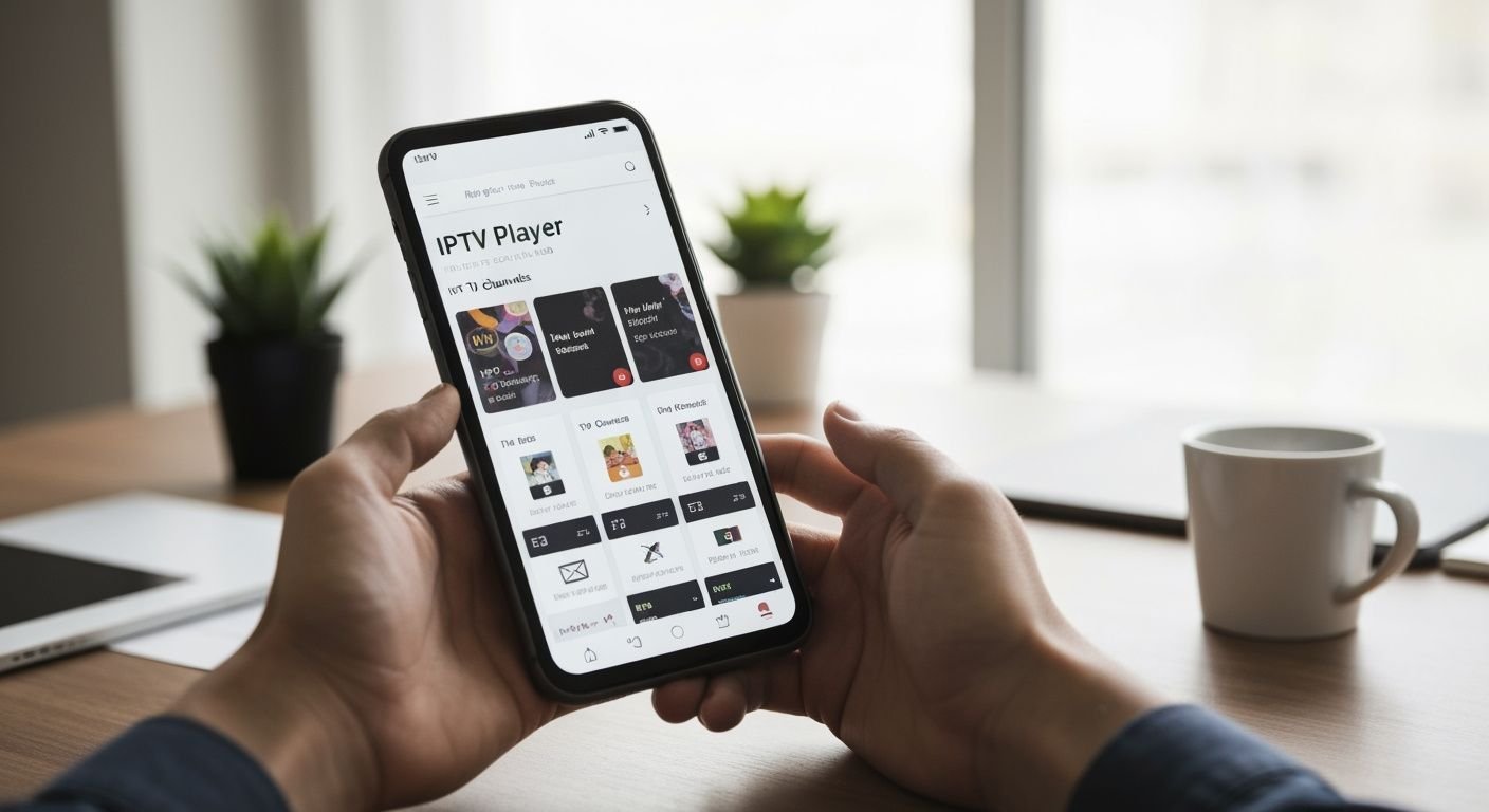 Smartphone Android affichant une application lecteur IPTV avec interface de chaînes TV