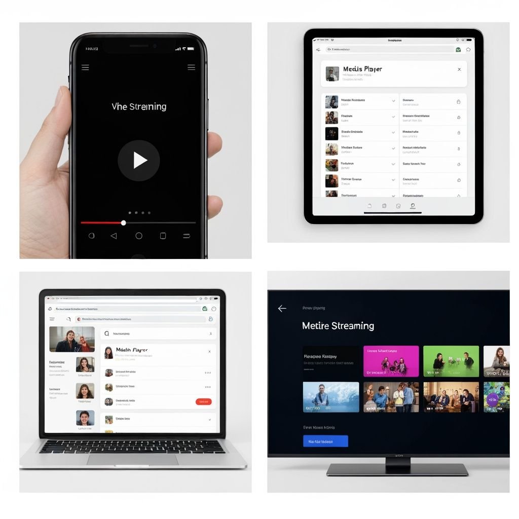 Quatre applications de streaming IPTV compatibles : mobile, tablette, navigateur web et Smart TV.