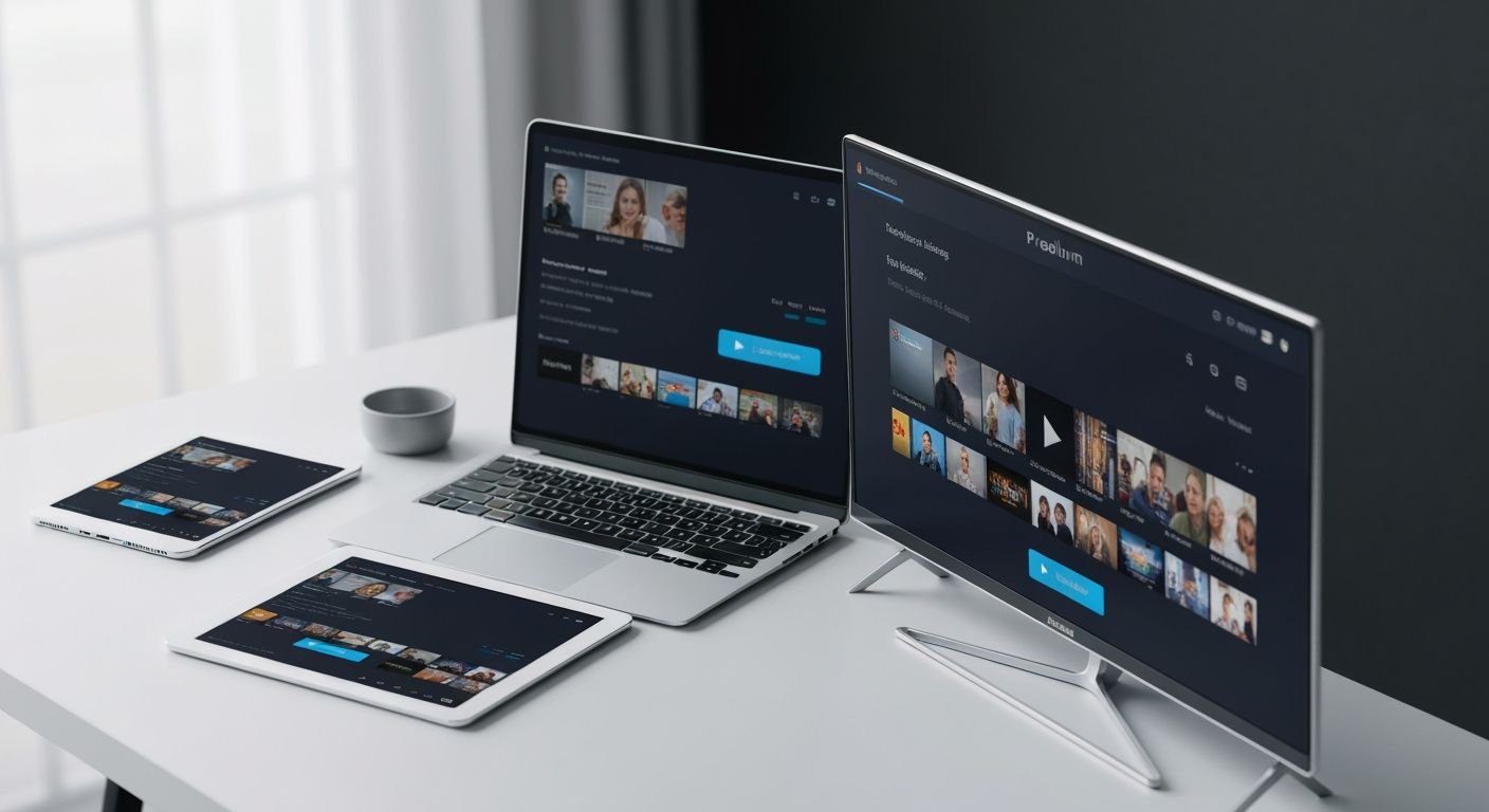 Comparatif de lecteurs IPTV sur plusieurs appareils : smartphone, tablette, ordinateur et téléviseur.