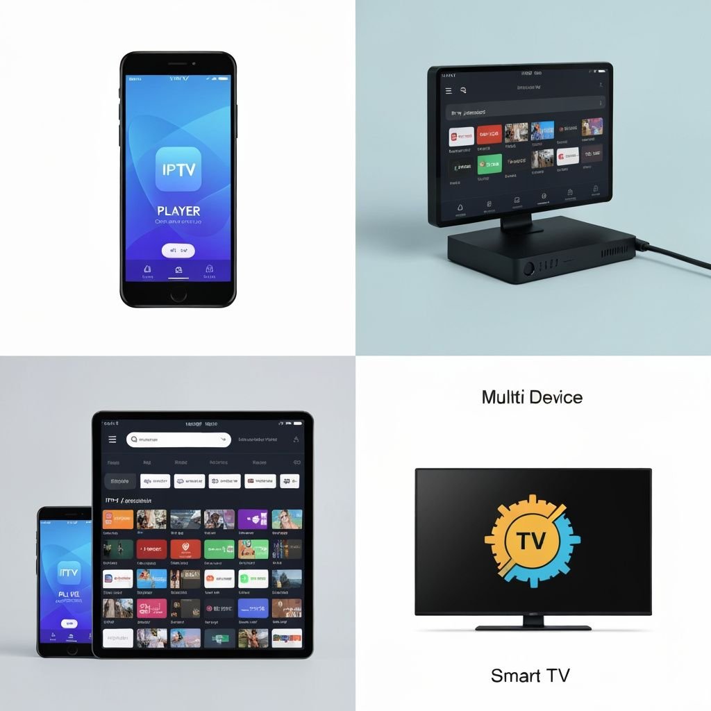 Grille de quatre panneaux montrant la compatibilité des lecteurs IPTV sur smartphone, TV box, tablette et Smart TV