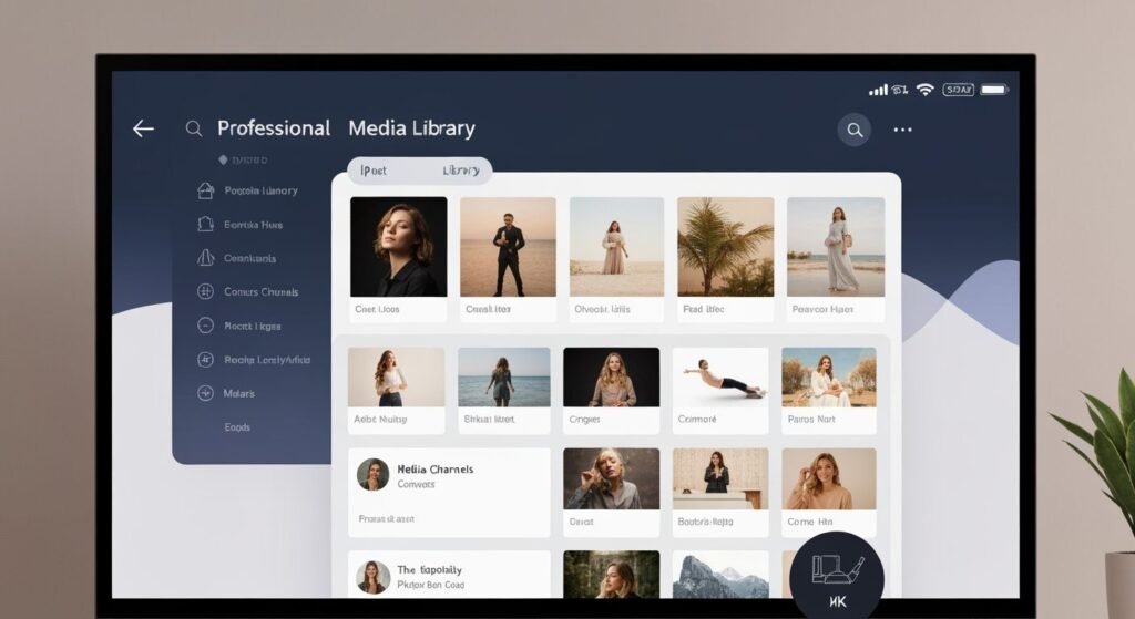 Interface d'une application lecteur IPTV professionnelle affichée sur un téléviseur intelligent moderne