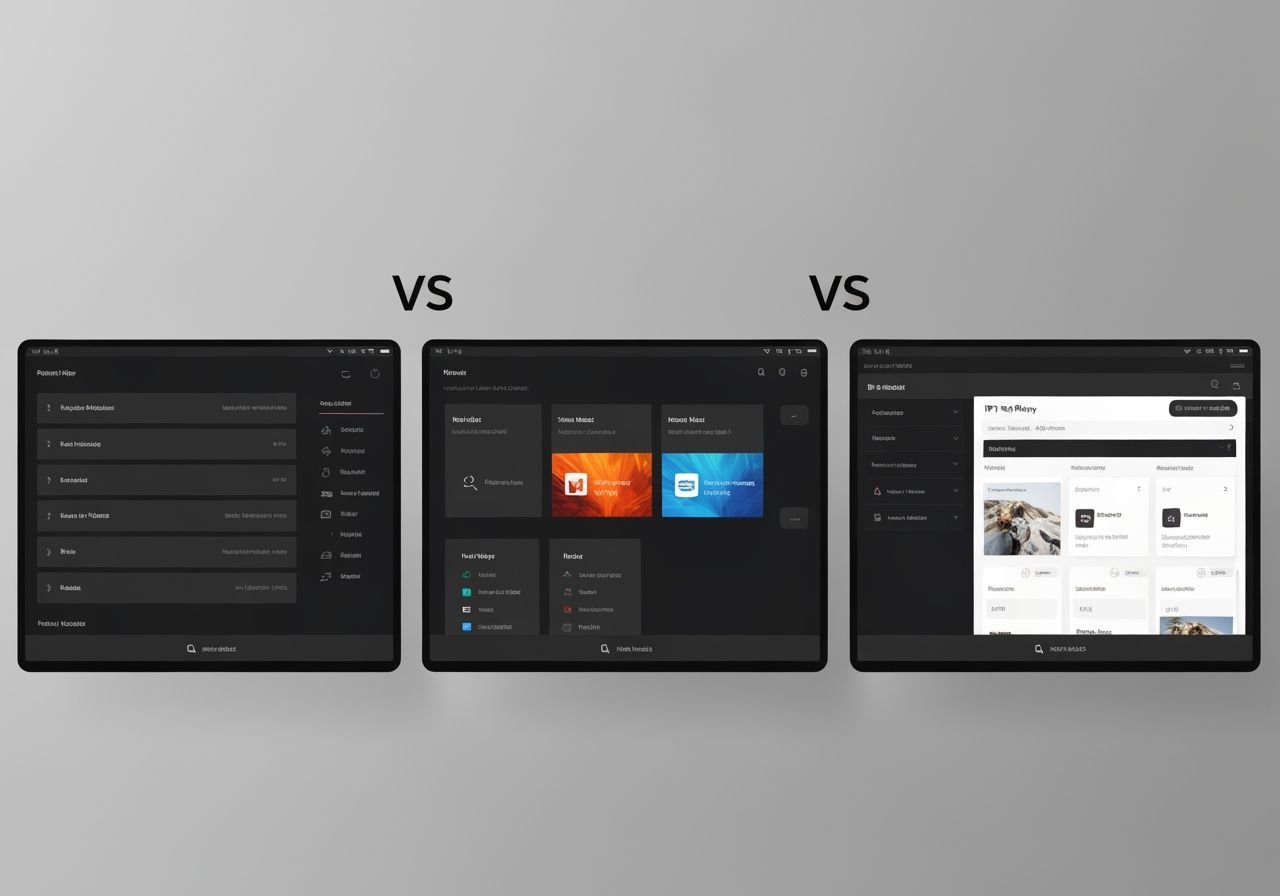 Comparaison de trois interfaces de lecteurs IPTV différentes affichées côte à côte sur des écrans distincts