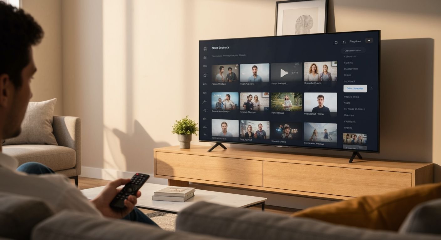 Téléviseur moderne affichant une interface de streaming avec bibliothèque vidéo, personne avec télécommande.