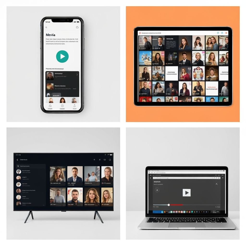 Quatre appareils différents : smartphone, tablette, Smart TV et ordinateur portable affichant des applications de lecture...