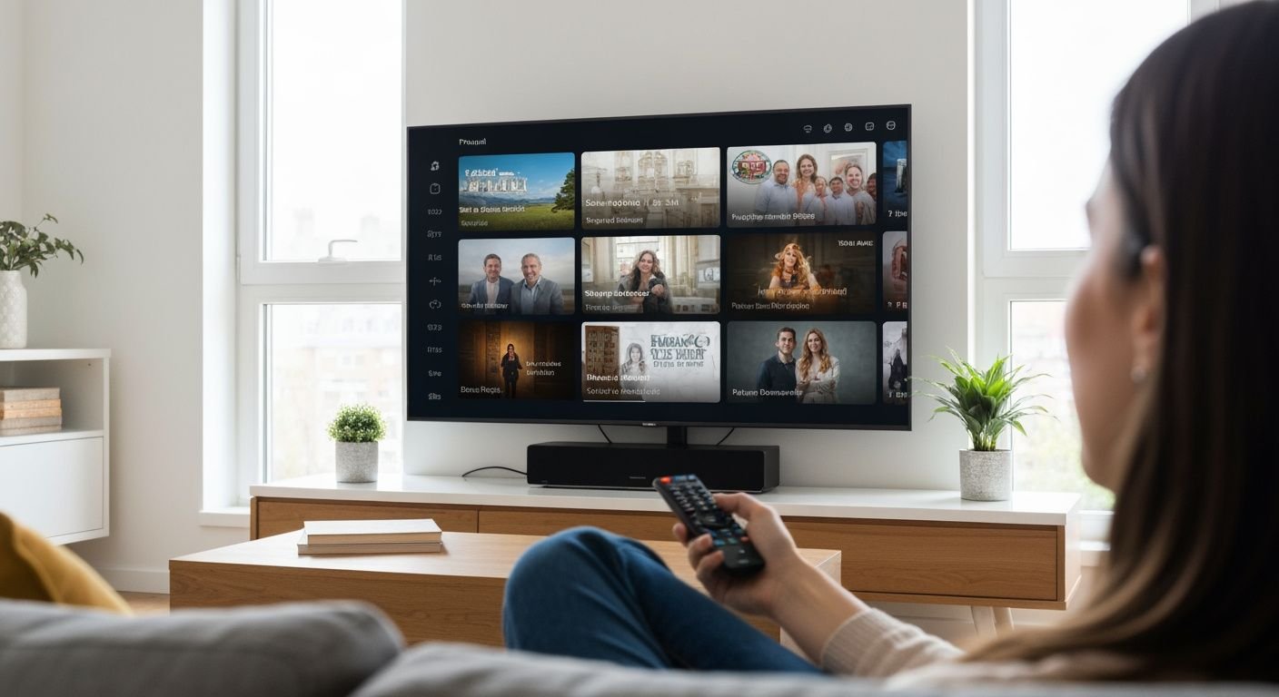 Salon moderne avec téléviseur affichant une interface de streaming et une personne tenant une télécommande.