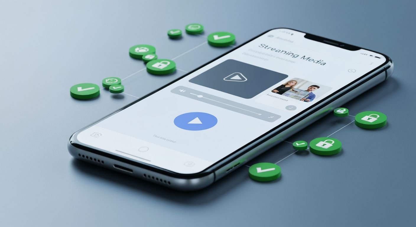 Application lecteur IPTV Android sécurisée avec icônes de protection et symboles de légalité