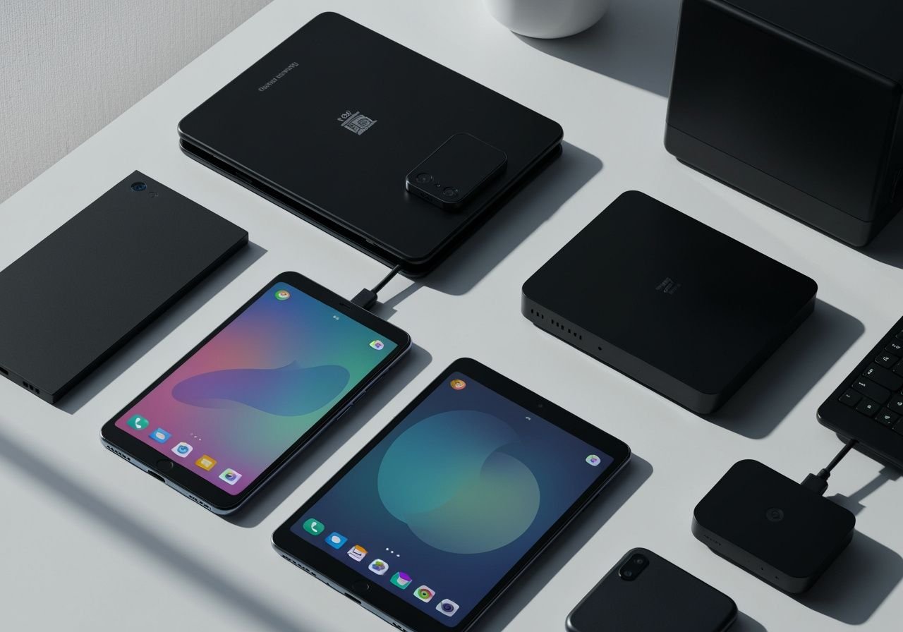 Écosystème de lecture IPTV : smartphone, tablette et TV box Android connectés pour streaming multiappareils