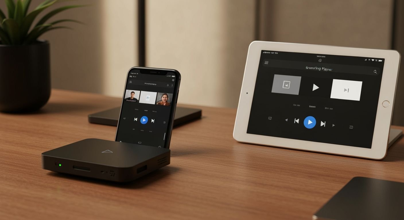 Plusieurs appareils affichant des lecteurs IPTV gratuits sur un bureau moderne