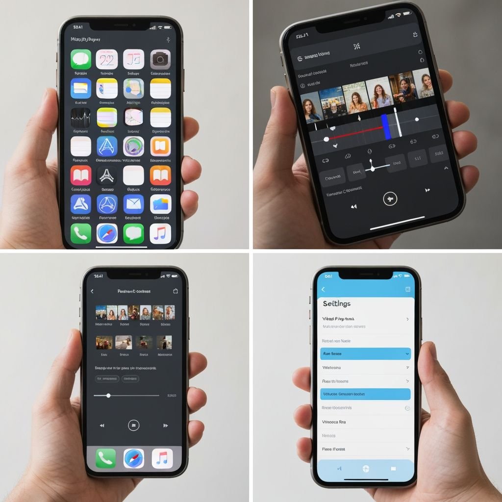Quatre panneaux montrant des icônes d'applications, une interface de lecteur, une bibliothèque vidéo et des paramètres de...