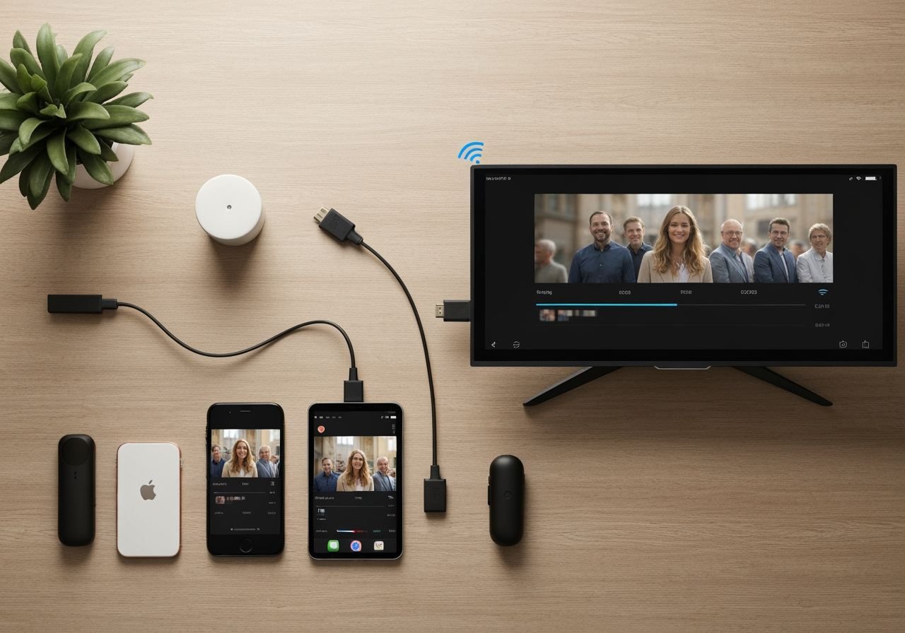iPhone, tablette et Smart TV connectés en synchronisation pour la lecture vidéo multi-appareils