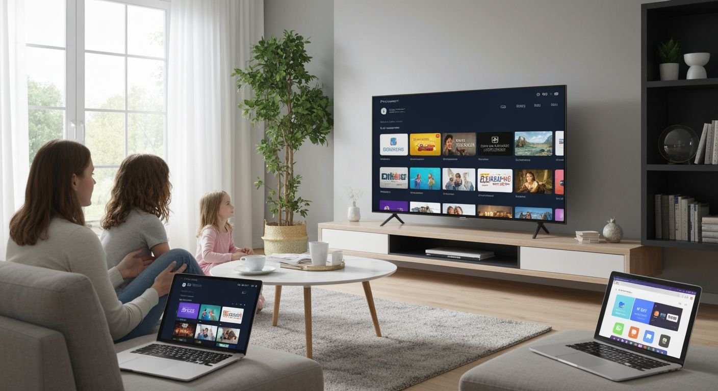Famille regardant la télévision avec une interface de streaming légale sur un téléviseur moderne