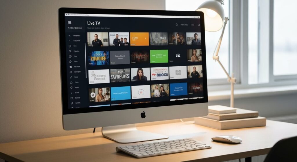 Ordinateur de bureau moderne affichant une interface de streaming IPTV avec chaînes en direct et contenu à la demande.