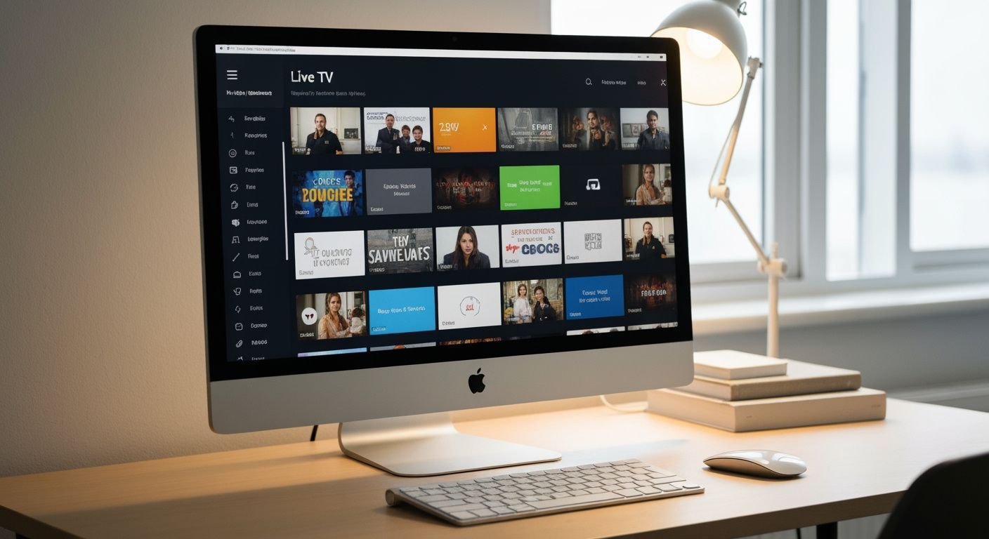 Ordinateur de bureau moderne affichant une interface de streaming IPTV avec chaînes en direct et contenu à la demande.