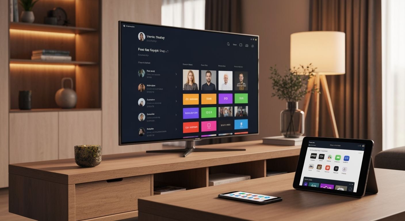 Écran de télévision affichant une interface de lecteur IPTV avec liste de chaînes, entouré de tablette et smartphone