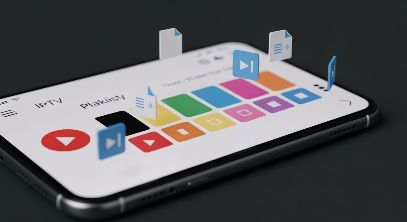 Application lecteur IPTV M3U sur smartphone avec interface de playlist colorée et icônes multimédias