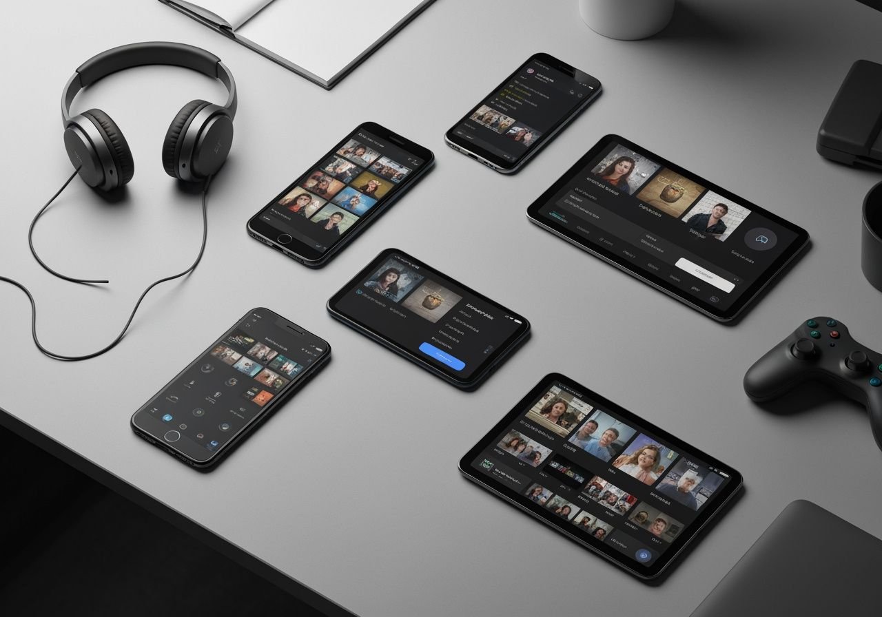 Plusieurs appareils mobiles affichant différentes interfaces de lecteur IPTV M3U gratuit