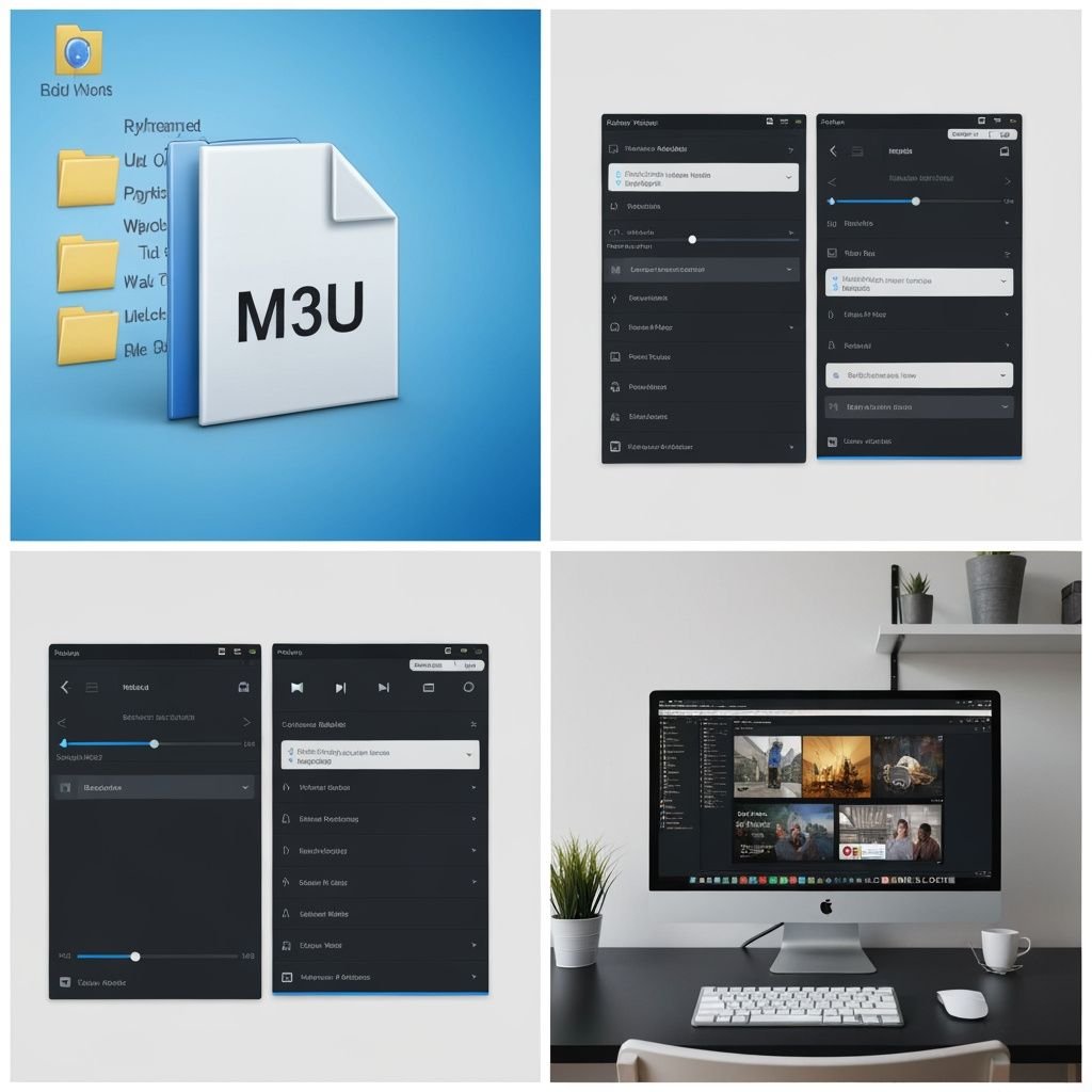 Grille comparant quatre aspects : fichier M3U, interface lecteur, comparaison d'applications et configuration PC