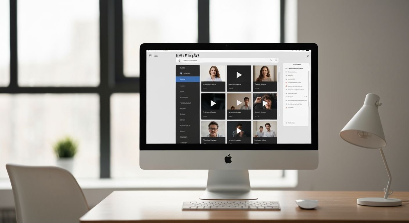 Écran d'ordinateur affichant une interface de lecteur multimédia avec liste M3U chargée et vignettes vidéo