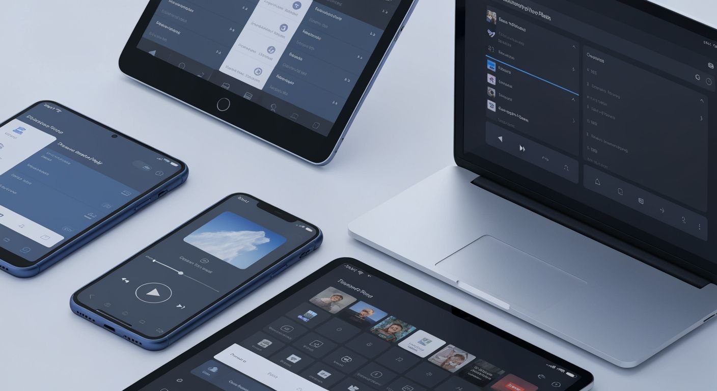 Comparaison de lecteurs IPTV M3U sur smartphone, tablette et ordinateur avec interfaces de streaming.