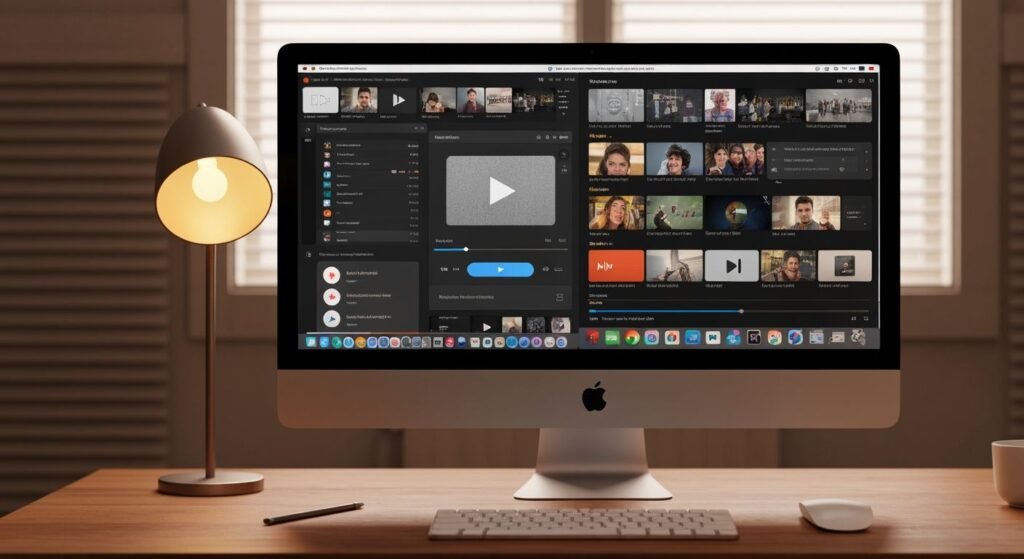 Interface de lecteur IPTV sur écran macOS avec contrôles de lecture et liste de chaînes