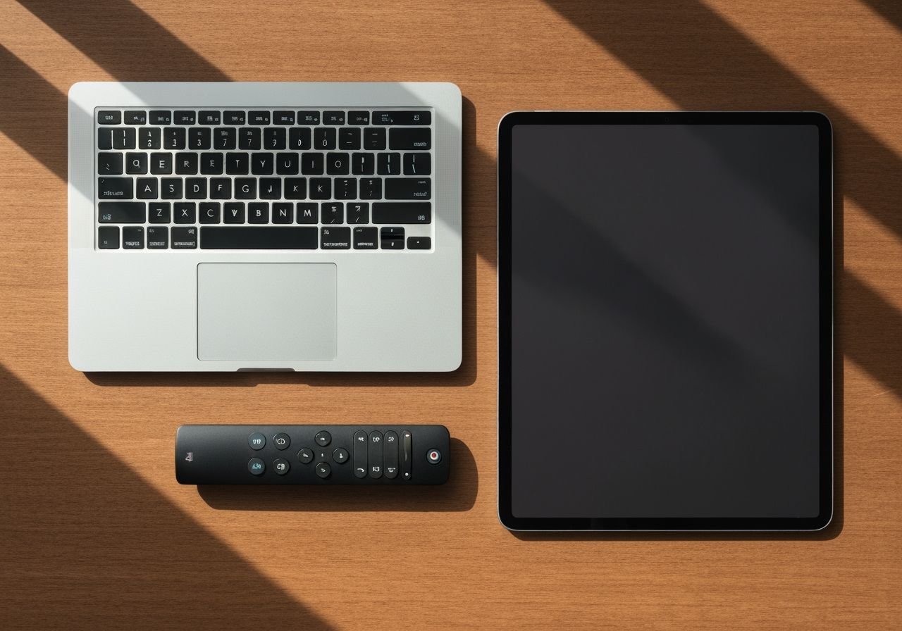 Écosystème Apple : MacBook, iPad et télécommande Smart TV connectés ensemble